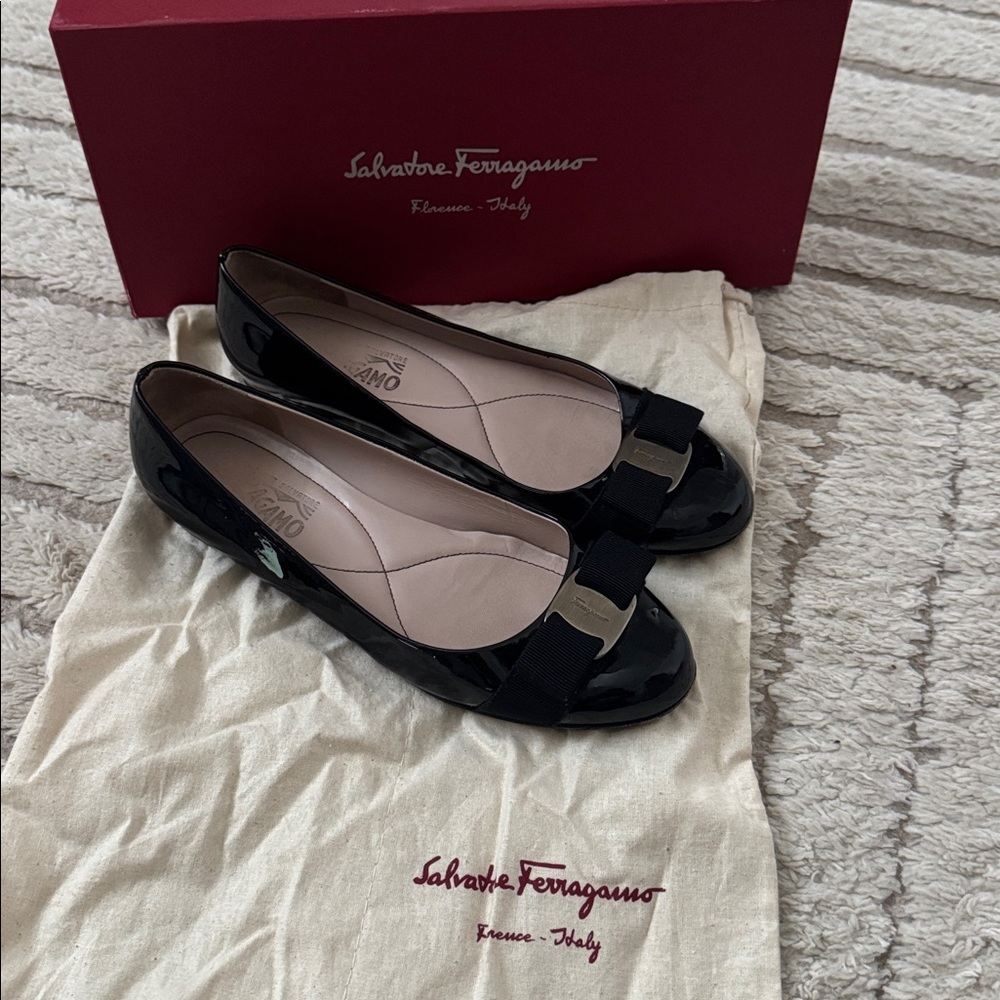 Salvatore Ferragamo Black Patent Leather Ballet Flats